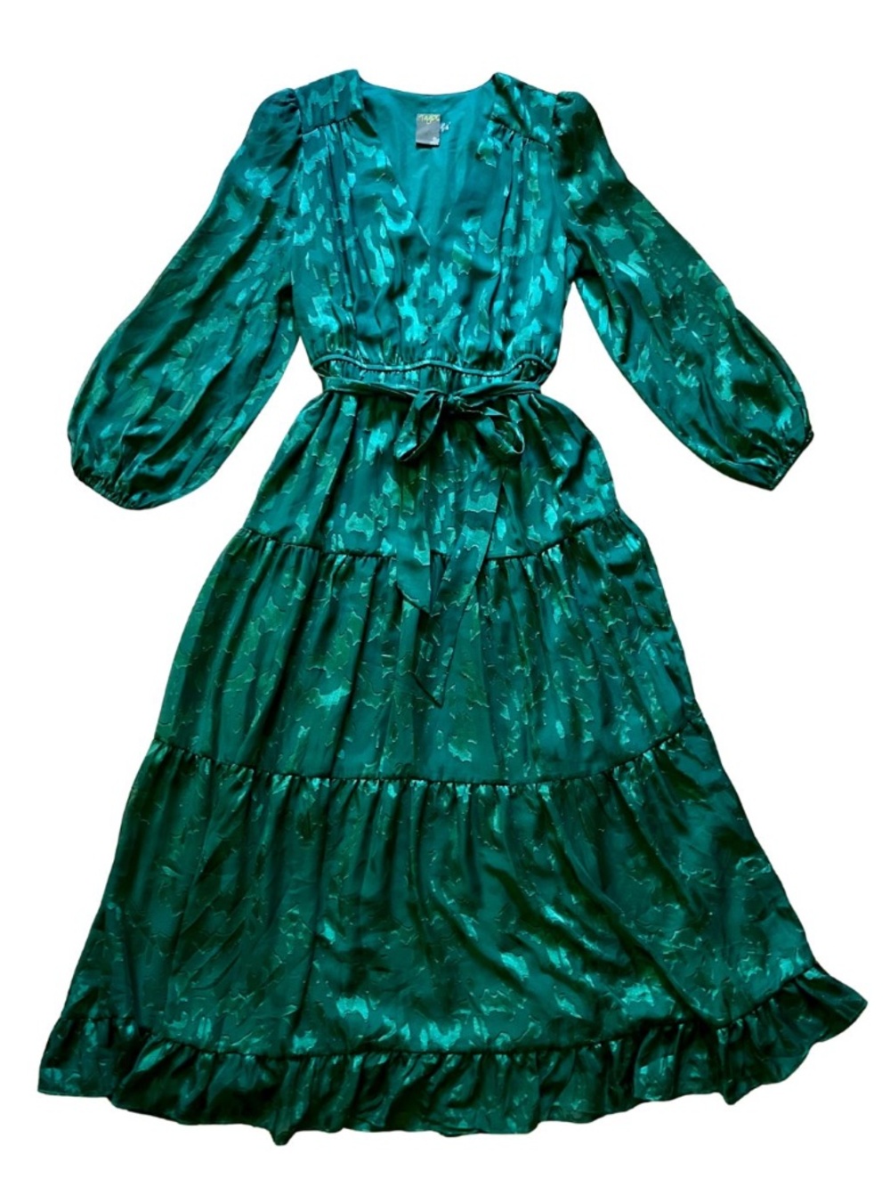 Long Sleeve Emerald Green Maxi Dress Boho Tiered Ruffle Skirt Animal Print